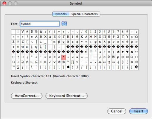 Simbolu un īpašo rakstzīmju ievietošana programmā Office 2011 darbam ar Mac