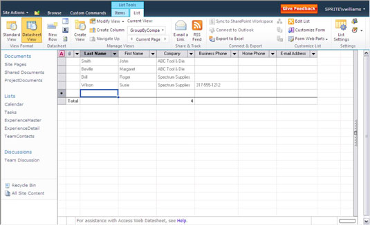 Pārvaldiet saraksta datus SharePoint 2010 datu lapas skatā