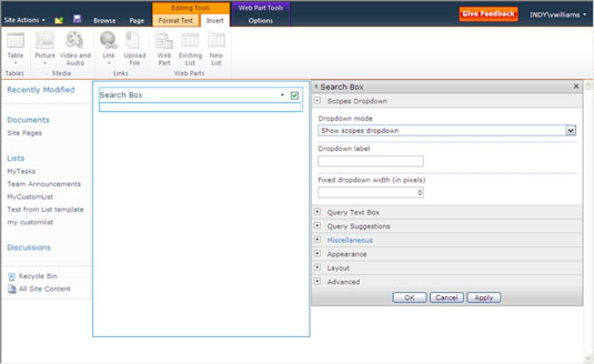 Part web, resultats i analítiques del quadre de cerca del SharePoint 2010