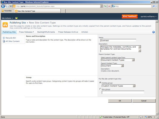 Opret en ny webstedsindholdstype i SharePoint 2010