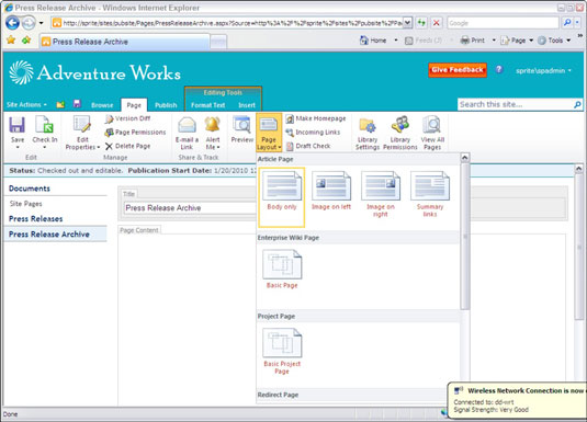 Endre sideoppsett via SharePoint 2010s publiseringsside