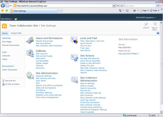 Sideinnstillingsside i SharePoint 2010