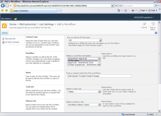 Configuració del flux de treball a SharePoint 2010