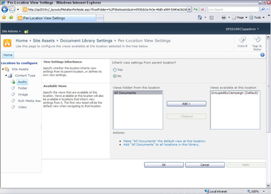 Innstillinger for metadatanavigering og visninger per sted i SharePoint 2010