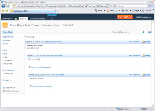 Skatiet diskusijas, izmantojot SharePoint 2010