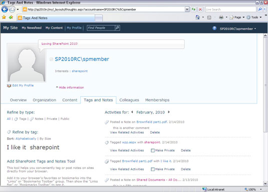 Vaše stránka Tagy a poznámky v SharePointu 2010