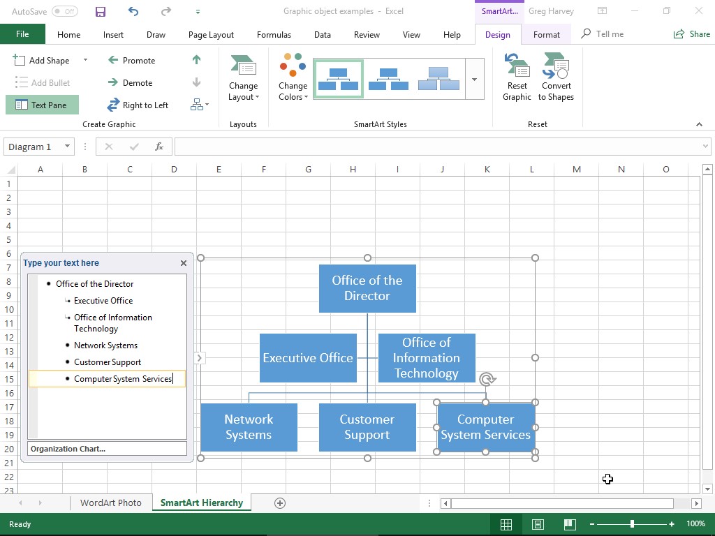 SmartArt-grafiikan lisääminen Excel 2019 -laskentataulukoihin