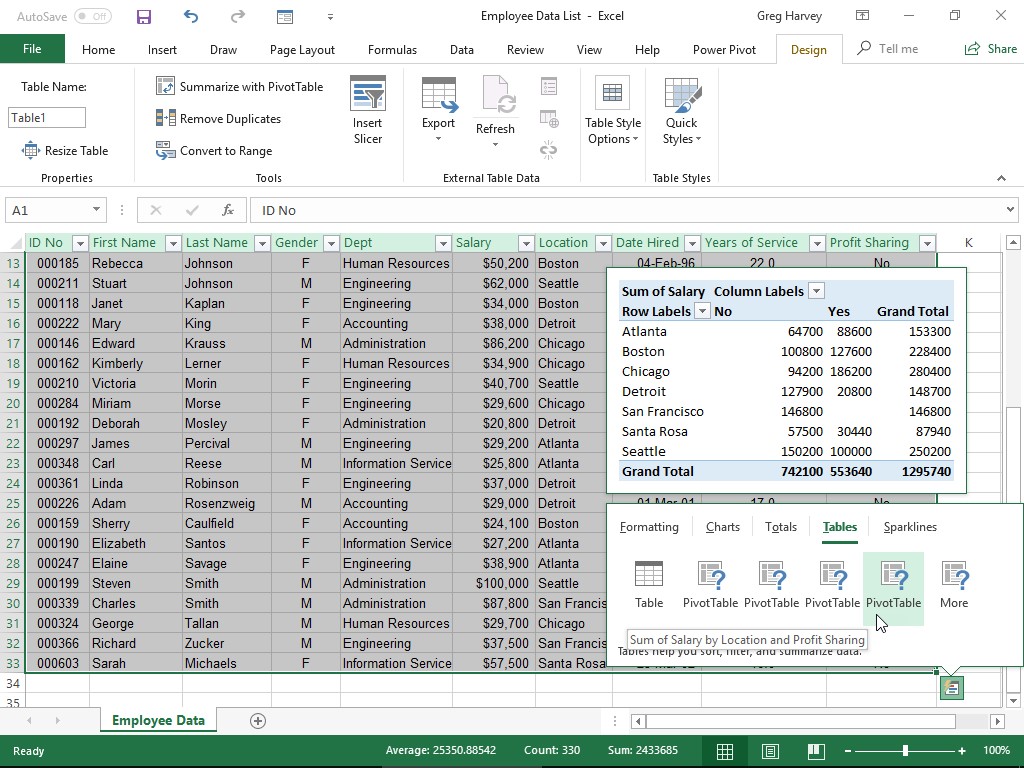 Kā izveidot jaunu rakurstabulu, izmantojot Excel 2019 ātrās analīzes rīku