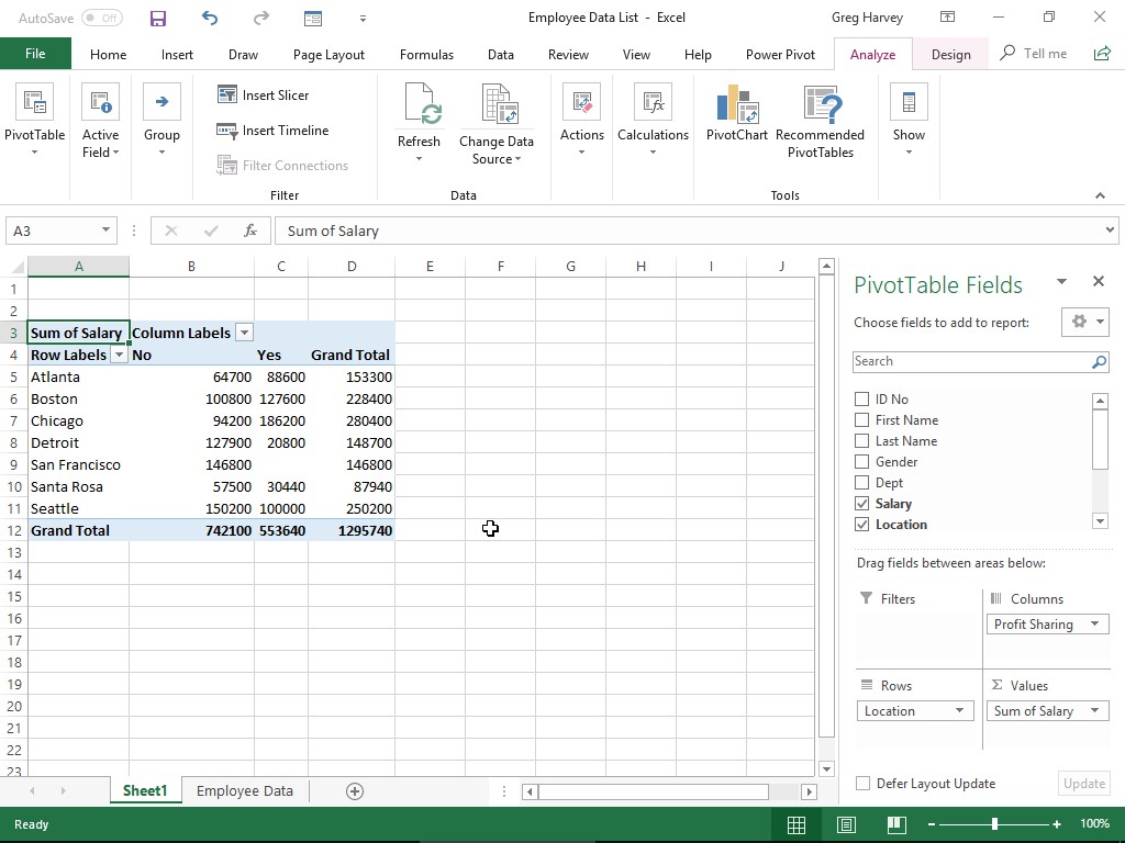 Sådan opretter du en ny pivottabel med Excel 2019 Quick Analysis Tool