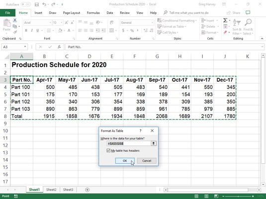 Excel 2019-formatering: Bruke formatet som tabellgalleri