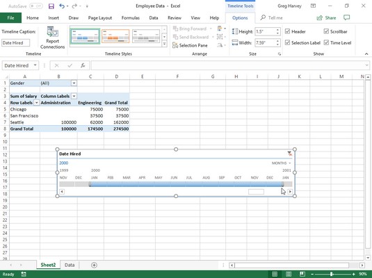 Filtrering og sortering af pivottabeldata i Excel 2019