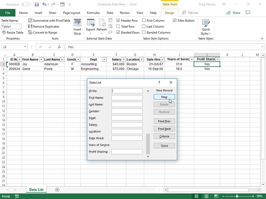 Tietueiden lisääminen tietoluetteloihin Excel 2019:ssä