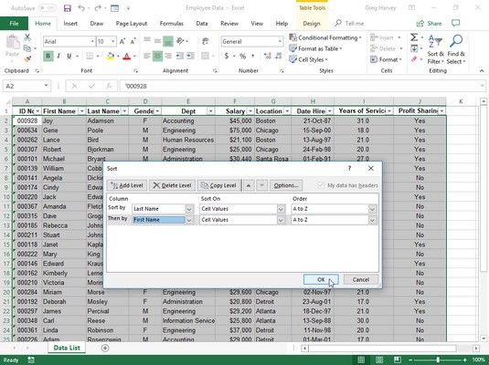 Kā kārtot programmā Excel 2019: datu saraksti