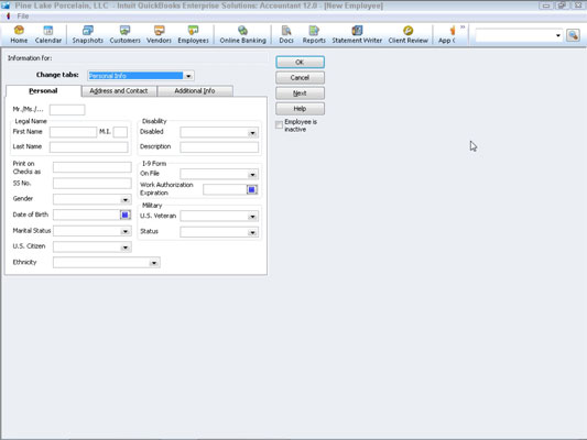 Iestatiet darbiniekus QuickBooks 2012 pamata algas iestatīšanas laikā