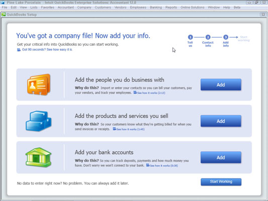 Pievienojiet informāciju uzņēmuma failam QuickBooks 2012s iestatīšanas laikā