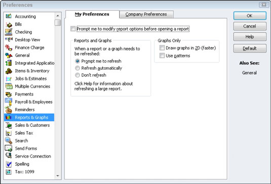 Määrake aruannete ja graafikute eelistused rakenduses QuickBooks 2012