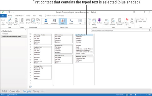 Slik søker du etter kontakter i Outlook 2019s People-modul