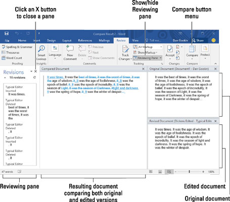 Sådan sammenlignes to versioner af et dokument i Word 2016