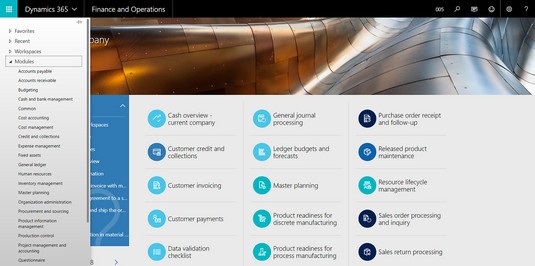 Dynamics 365 for Finance and Operations: navegació per D365O per mòdul