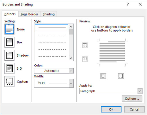 Com utilitzar el quadre de diàleg Bordes i ombrejats de Microsoft Words