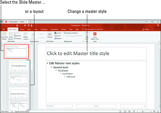 Ús de diapositives mestres i estils mestres de PowerPoint 2019 per a un disseny coherent