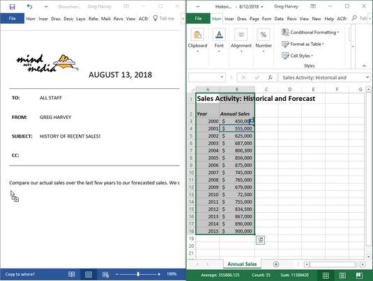 Как да споделяте данни от Excel 2019 с Word 2019