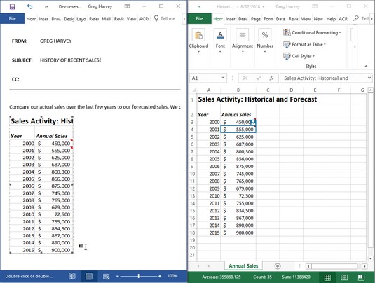 Kā koplietot Excel 2019 datus ar Word 2019