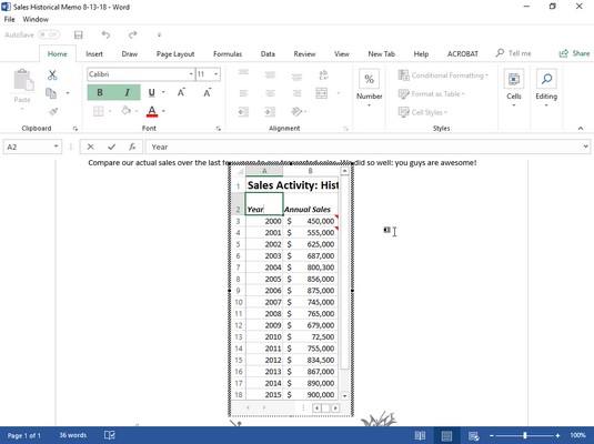 Kā koplietot Excel 2019 datus ar Word 2019