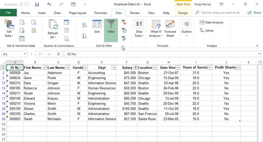 Kaip naudoti automatinį filtrą programoje „Excel 2019“.