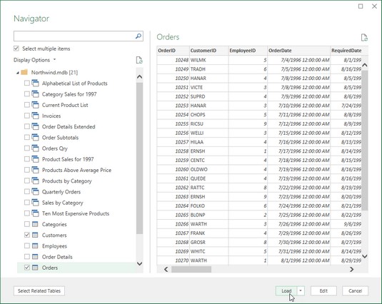 Access-tietokantataulukoiden kyselyn tekeminen Excel 2019:stä