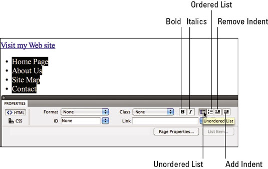 Använd fetstil, kursiv stil, listor och indrag i Dreamweaver