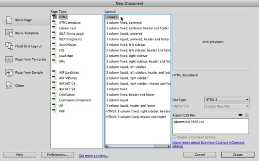 Nové možnosti dokumentu pre stránky HTML v aplikácii Dreamweaver