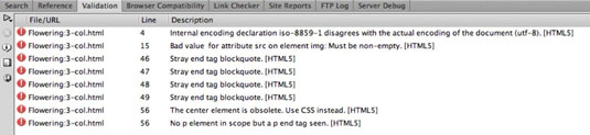 El panell de validació de Dreamweaver