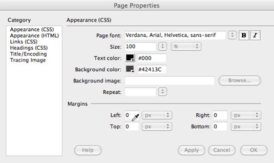 Hur man ställer in sidegenskaper i Dreamweaver