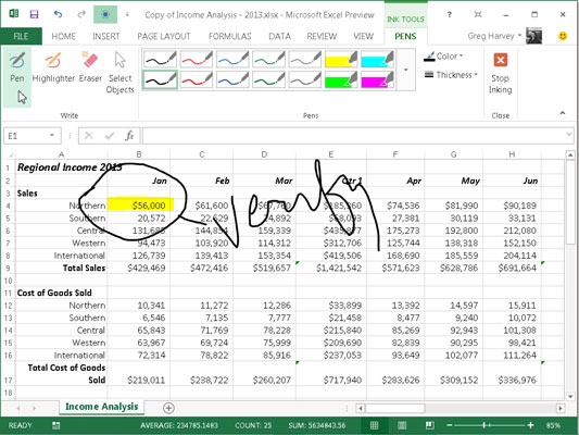 Sådan markerer du Excel 2013-regneark med digitalt blæk