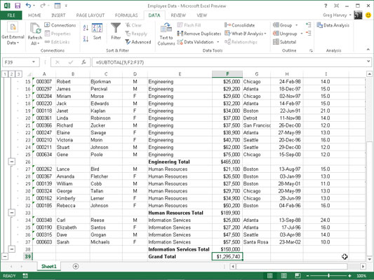 Hvordan subtotalere data i Excel 2013