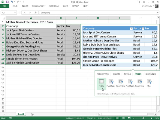 Formatuokite lenteles naudodami greitosios analizės įrankį programoje „Excel 2013“.