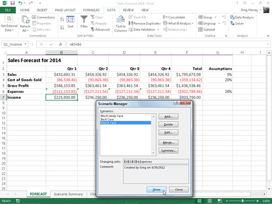 Kaip naudoti scenarijų tvarkyklę programoje „Excel 2013“.