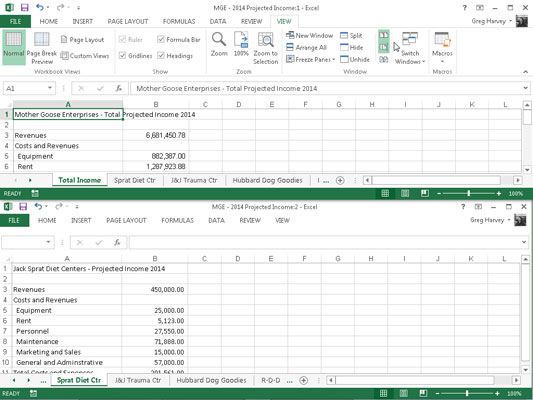 Hvordan sammenligne regneark side om side i Excel 2013