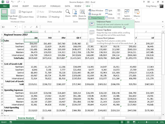 Hvordan fryse ruter i Excel 2013