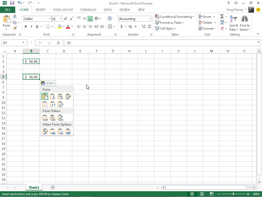 Ielīmēšanas opcijas programmā Excel 2013