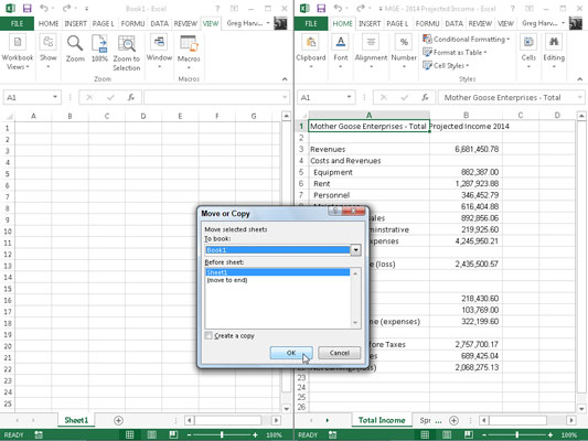 Työtaulukon siirtäminen toiseen Excel 2013 -työkirjaan