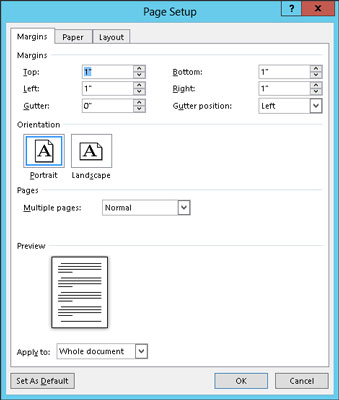 Slik bruker du dialogboksen Sideoppsett i Word 2013