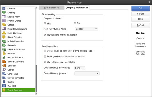 Iestatiet laika un izdevumu preferences programmā QuickBooks 2013