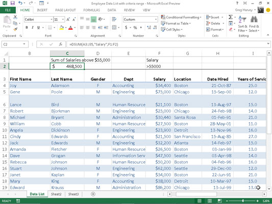 Kā izmantot datu bāzes funkcijas programmā Excel 2013