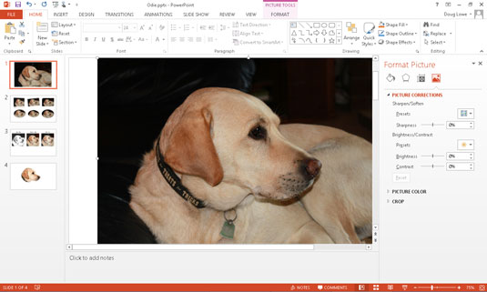 Korriger skarphet, lysstyrke, kontrast og farge i PowerPoint 2013-bilder