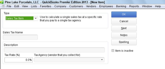 Hvernig á að bæta söluskattshlut eða hópi við vörulistann í QuickBooks 2013