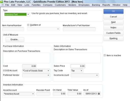 Jak přidat součást inventáře do seznamu položek v QuickBooks 2013