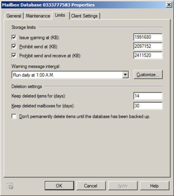 Kā iestatīt tīkla pastkastes krātuves ierobežojumus programmā Exchange Server 2010