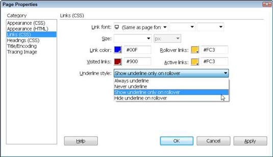 Πώς να αλλάξετε στυλ συνδέσμων με ιδιότητες σελίδας στο Dreamweaver